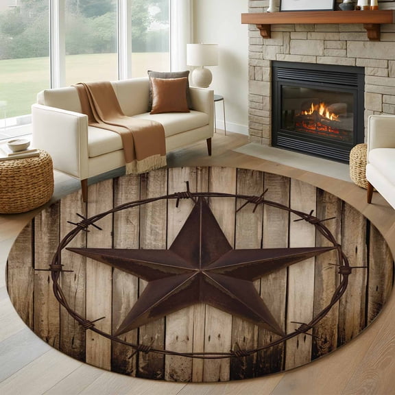 8ft Round Rug, Western Star Retro Non-Skid Rubber Backing Large Area Rugs - Living Room Bedroom Home Office, Vintage Brown Wood Barn Indoor Floor Mat Carpets Washable Rug