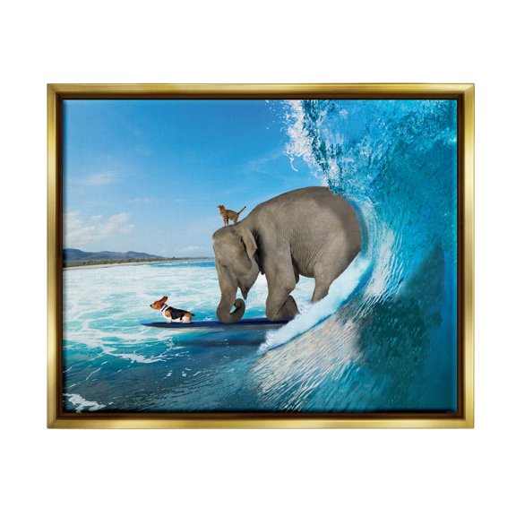 Stupell Industries Animals Riding Ocean Waves Surfing Elephant Cat Dog Graphic Art Metallic Gold Floating Framed Canvas Print Wall Art, Design by Nobleworks