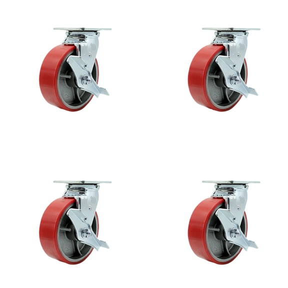 Tool Box Caster Wheel Set – 6 Inch Red Poly on Cast Iron Swivel Casters – SCC