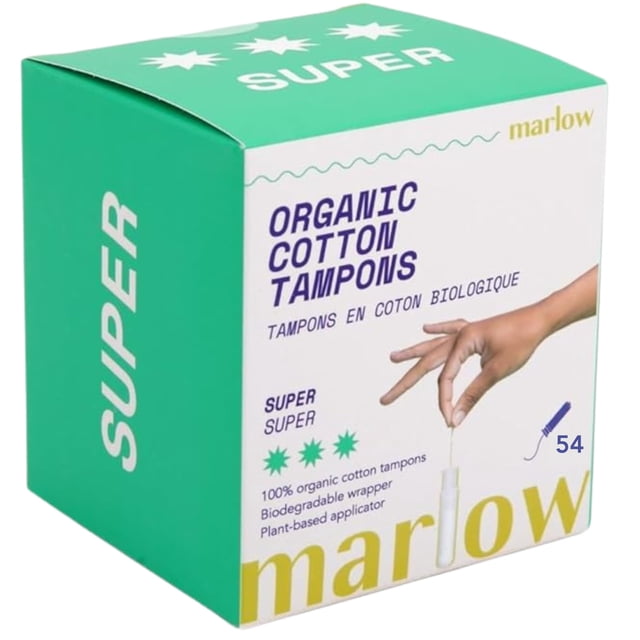 Tampones Marlow, 100% algodón orgánico, Easy Glide Super 54 unidades