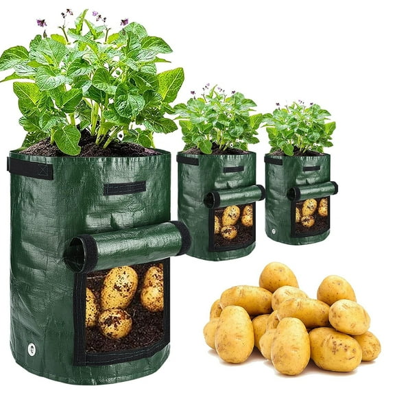GoXteam Potato Grow Bags, 10 Gallon 3 Pack Potato Bags for Growing Potatoes with Flap Harvest Window and Handle for Tomatoes Carrots Vegetables Fruits