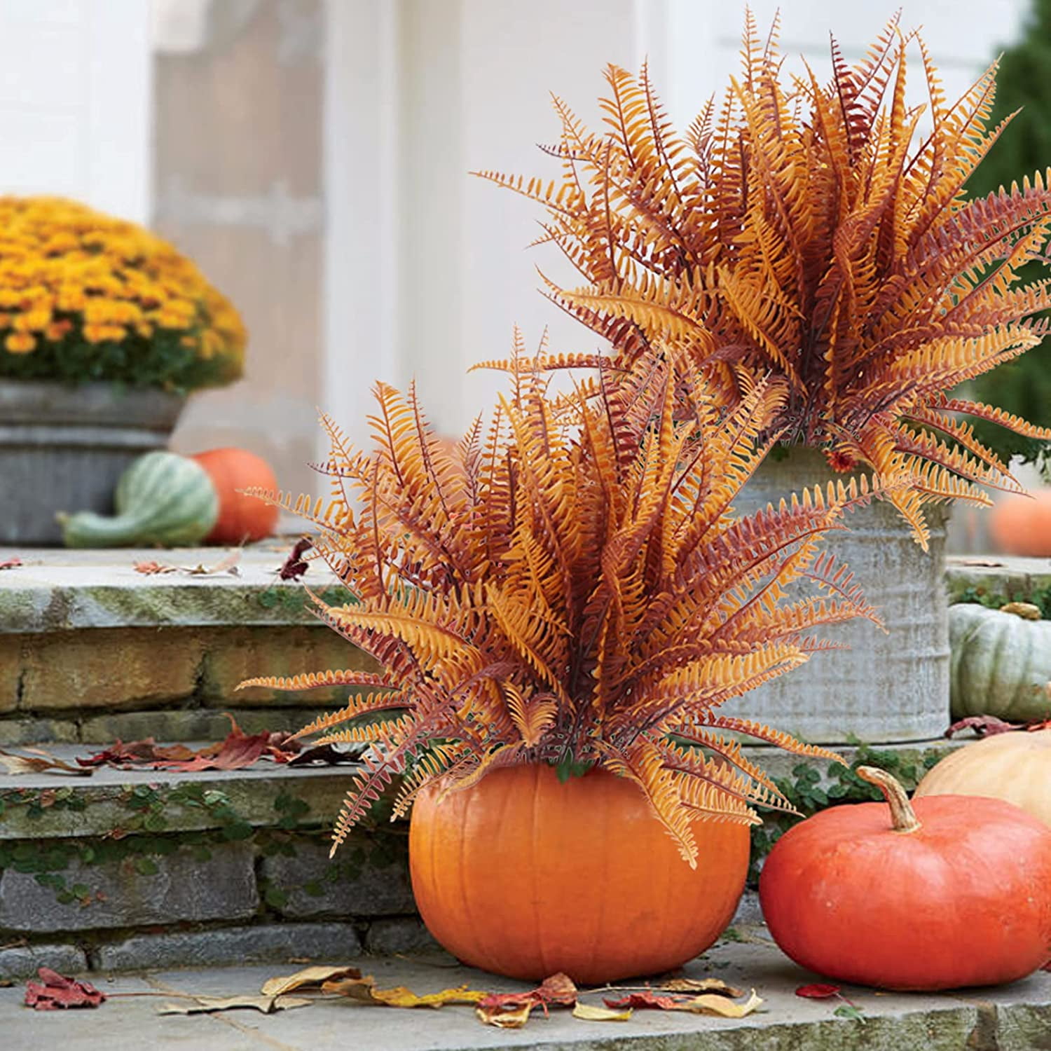 Morttic 4Pack Artificial Fall Boston Fern Plants Vines Fake Bundles UV Resistant Shrubs Plant for Autumn Thanksgiving Indoor Outdoor Home Decoration