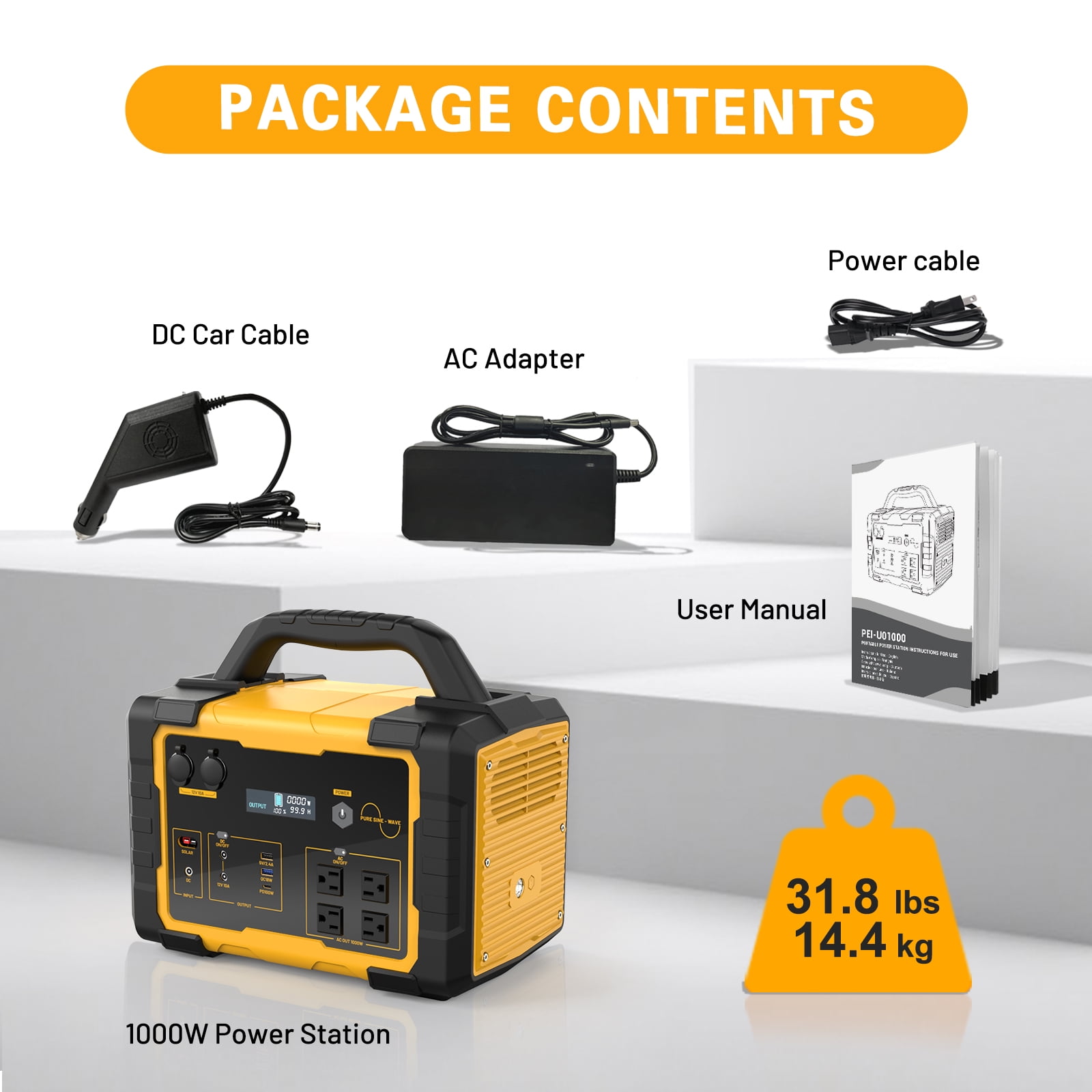 1000W Portable Solar Generator, 1024Wh LiFePO4 Battery Power Station with 120V AC Outlets, Backup Power Supply for Camping, Outdoor Travel, RV, and Home Emergency-Yellow