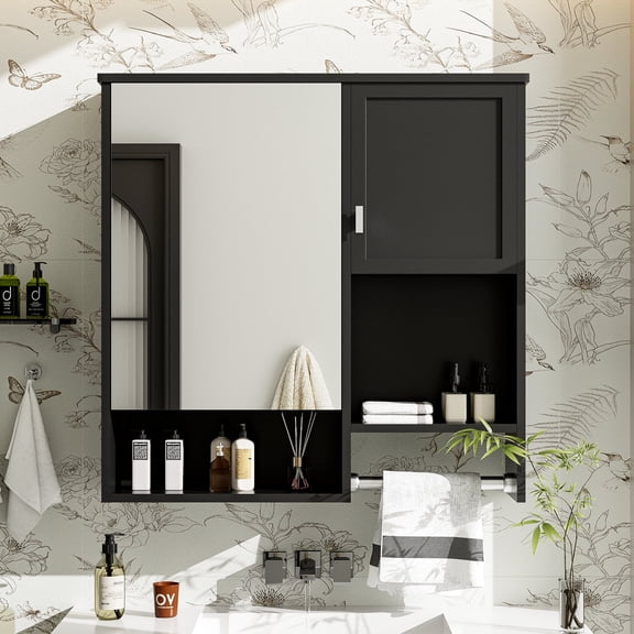 Bathroom Vanity, 29'' x 28'' Modern Wall Mounted Bathroom Medicine Cabinet, Bathroom Wall Storage Cabinet with Mirror, Over the Toilet Space Saver Cabinet with Towels Bar, Bathroom Storage Cabinet