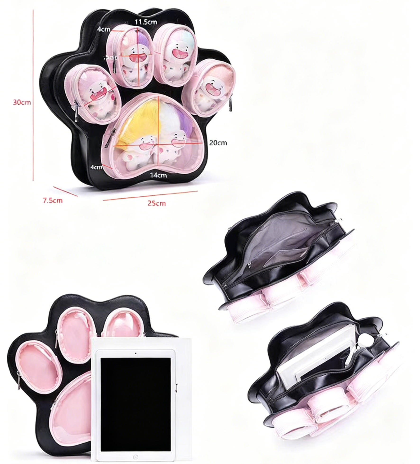 Kawaii Cat Paw Ita Bagpack with Clear Window & Detachable Strap, Anime Pin Display Backpack, Multifunctional Doll Display for Collectibles, Cute Black Pink Aesthetic Shoulder Bag for Gift