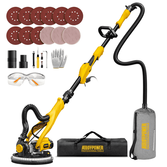 Alloyman 1050W Electric Drywall Sander with Vacuum Dust Collection, 2100RPM Wall Sander with 7 Variable Speed, Foldable & Extendable Handle, Double-Deck LED Light, Dust Bag and Hose