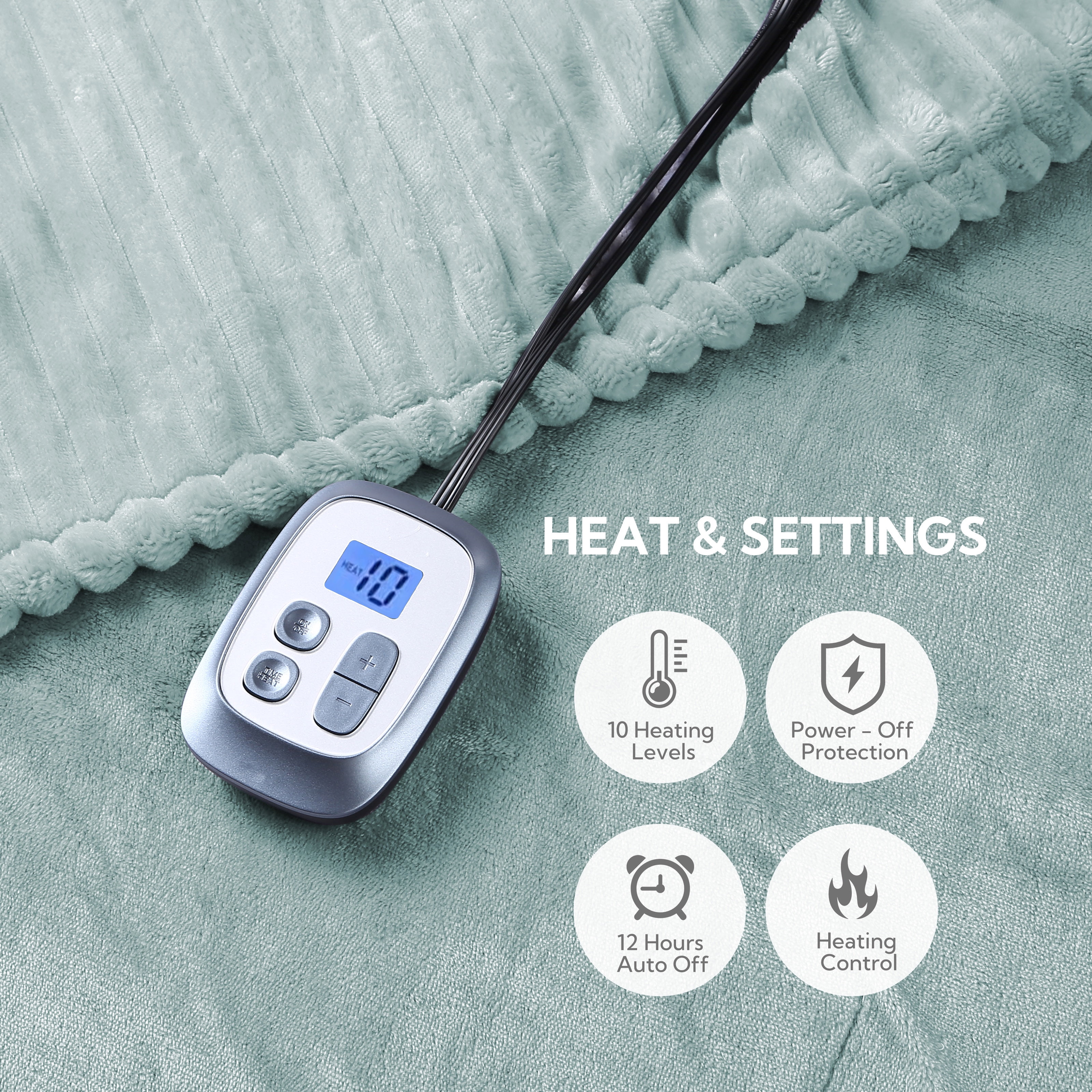 SUNNY HEAT Heated Electric Blanket Ribbed Flannel 72"x84" Full Size - 10 Heating Settings & 2/4/6/8/10/12 Hours Auto off, Thick and Warm Washable - Mint Green