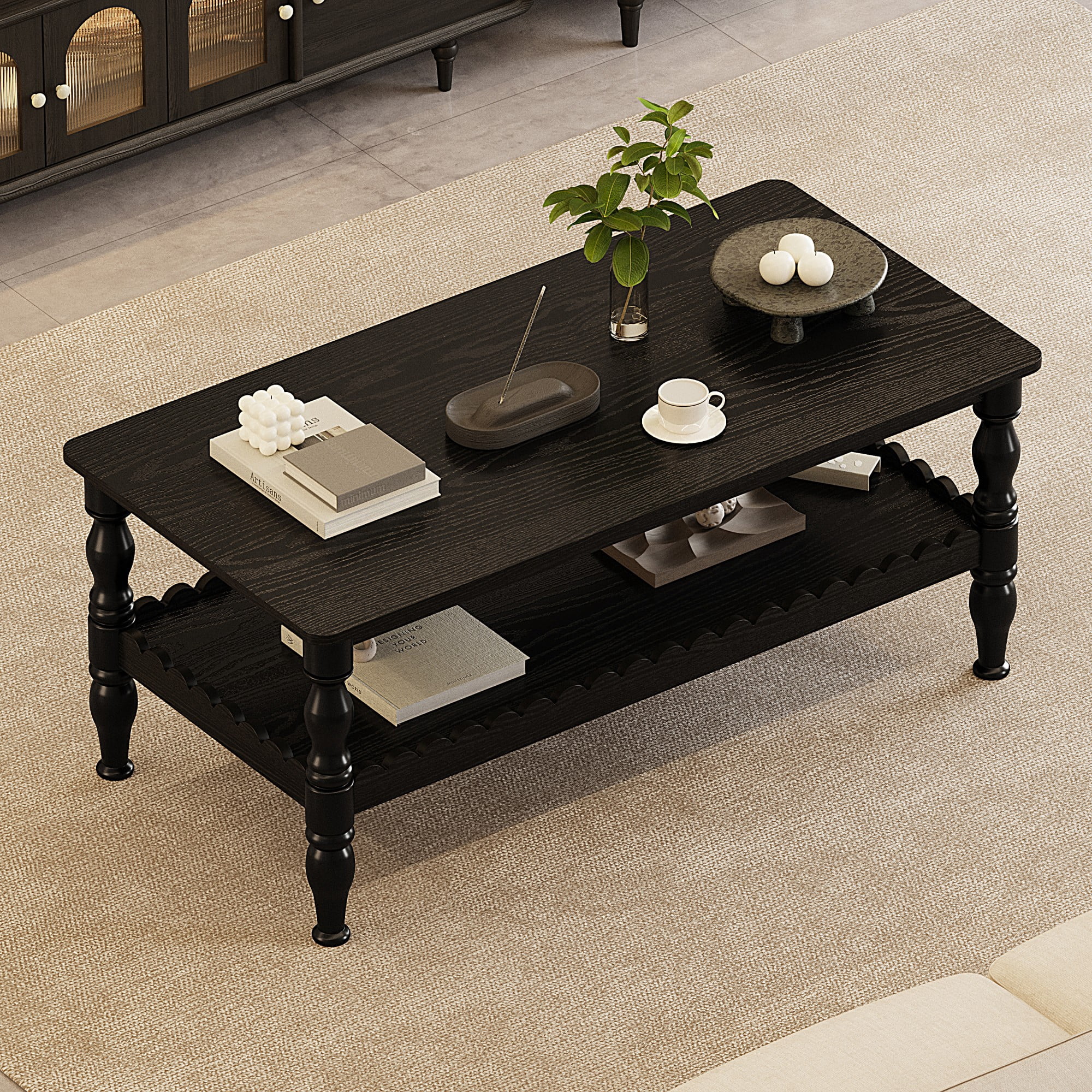 BSHTI Antique Black 43.3” Rectangle Coffee Table with 2-Tier Design and Storage Shelf(Antique Black)