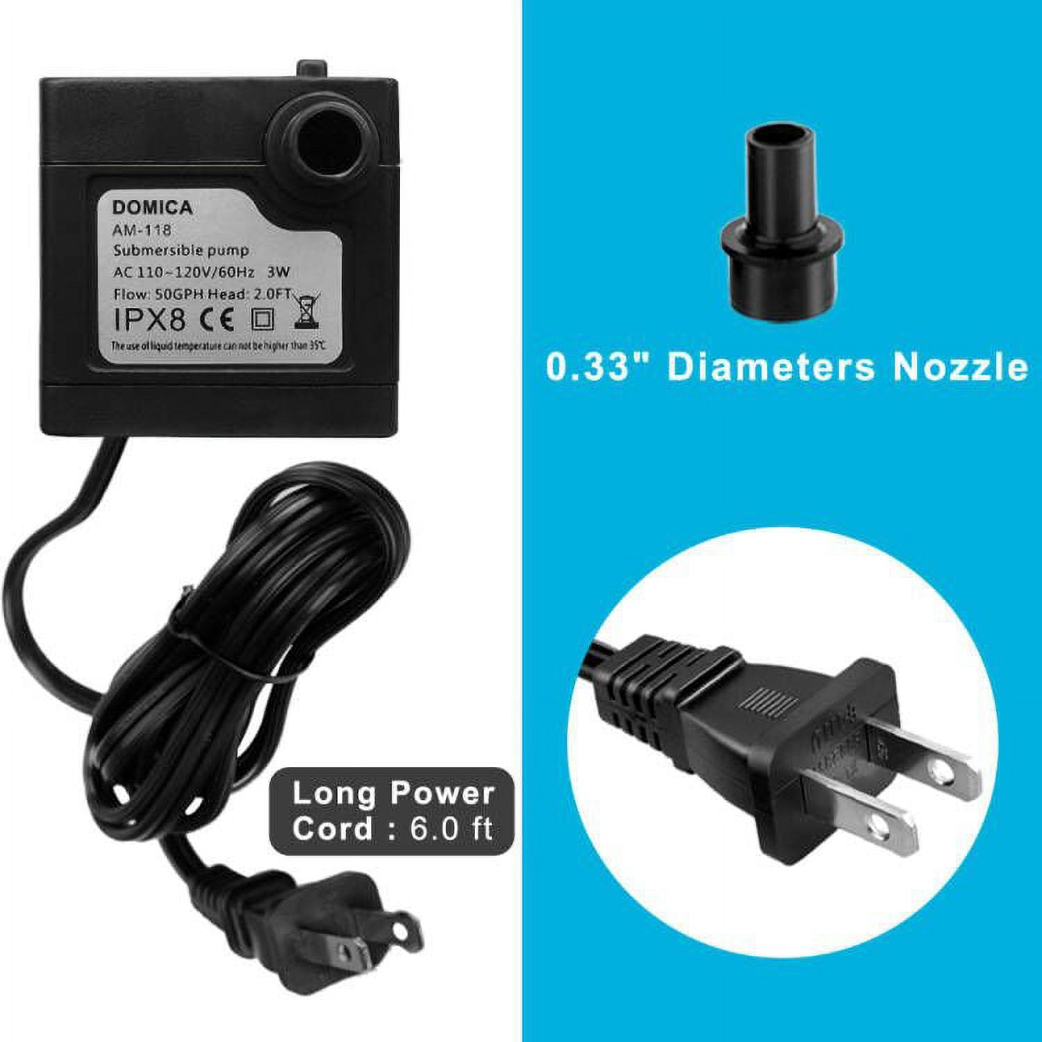 DOMICA 3W 50GPH Mini Submersible Water Pump for Pond, Aquariums, Fish Tank, Fountain, Pet,Hydroponics 110v 60hz