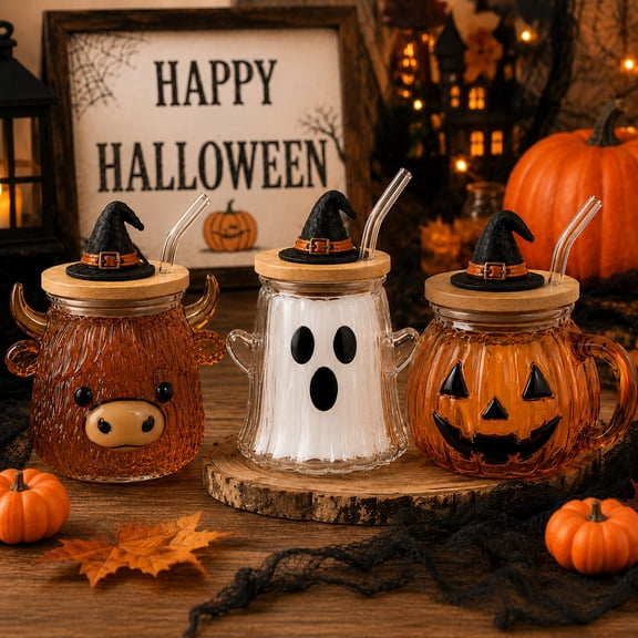 Halloween Themed Glass Tumbler With Lid, Large Capacity Clear Cup with Cow Ghost and Pumpkin Pattern, Safe Reusable Drinking Glass for Kitchen Home Office Daily Beverage Use
