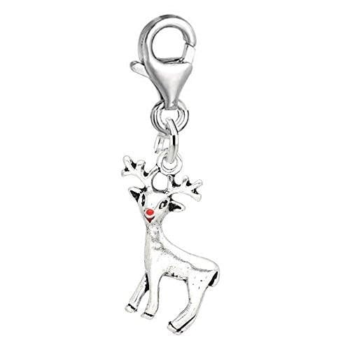Christmas Reindeer with Red Nose Charm for European Clip on Jewelry with Lobster Clasp