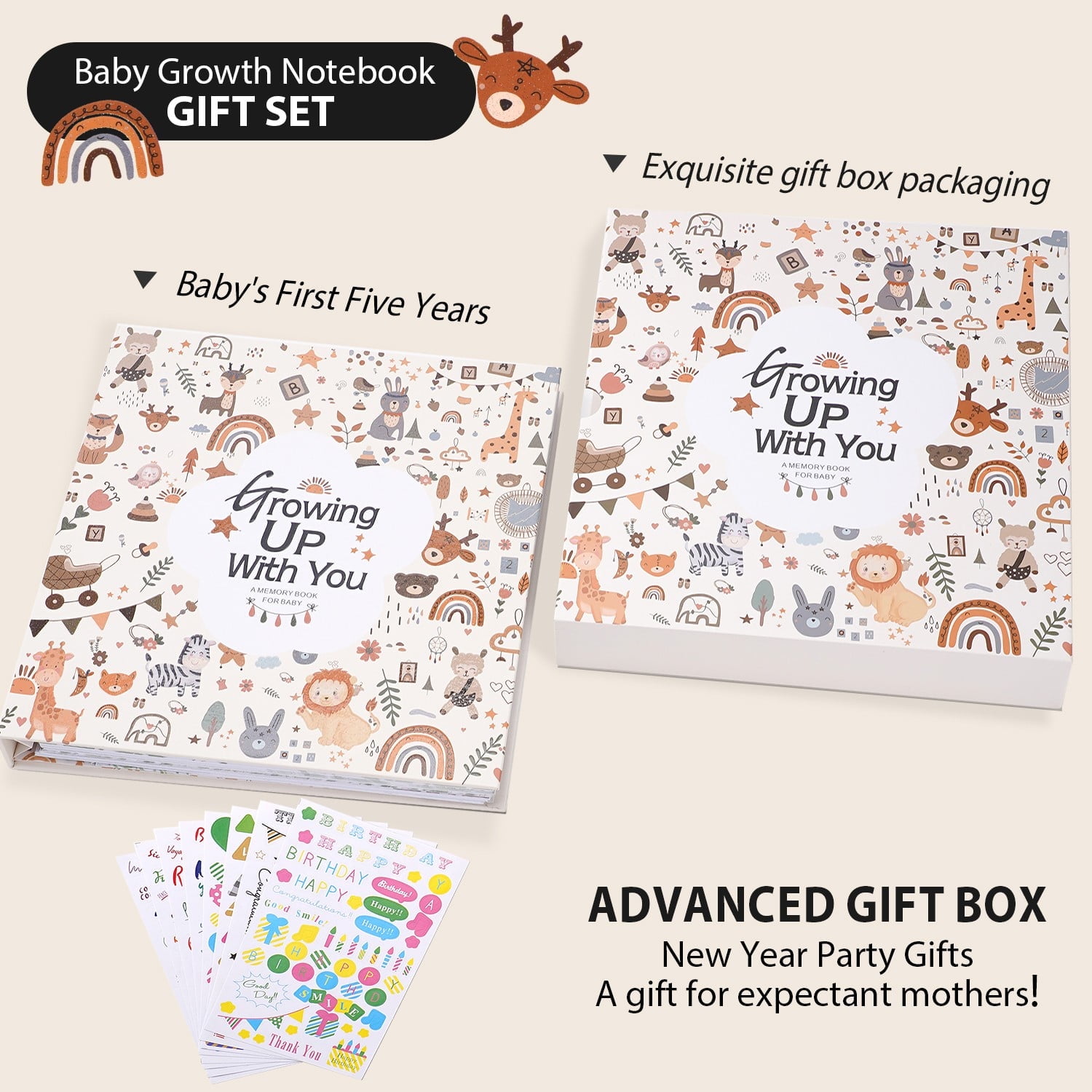 TJT Keepsake Baby Books for Newborn Baby Memory, First 5 Years Baby Memory Record Book Gift, 124 Pages Baby Album, Animal Family, Brown