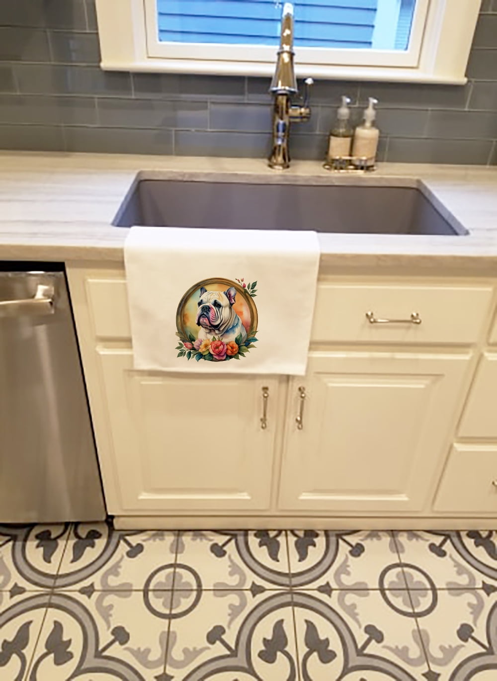 English Bulldog and Flowers Kitchen Towel Set of 2 White Dish Towels 19 in x 28 in