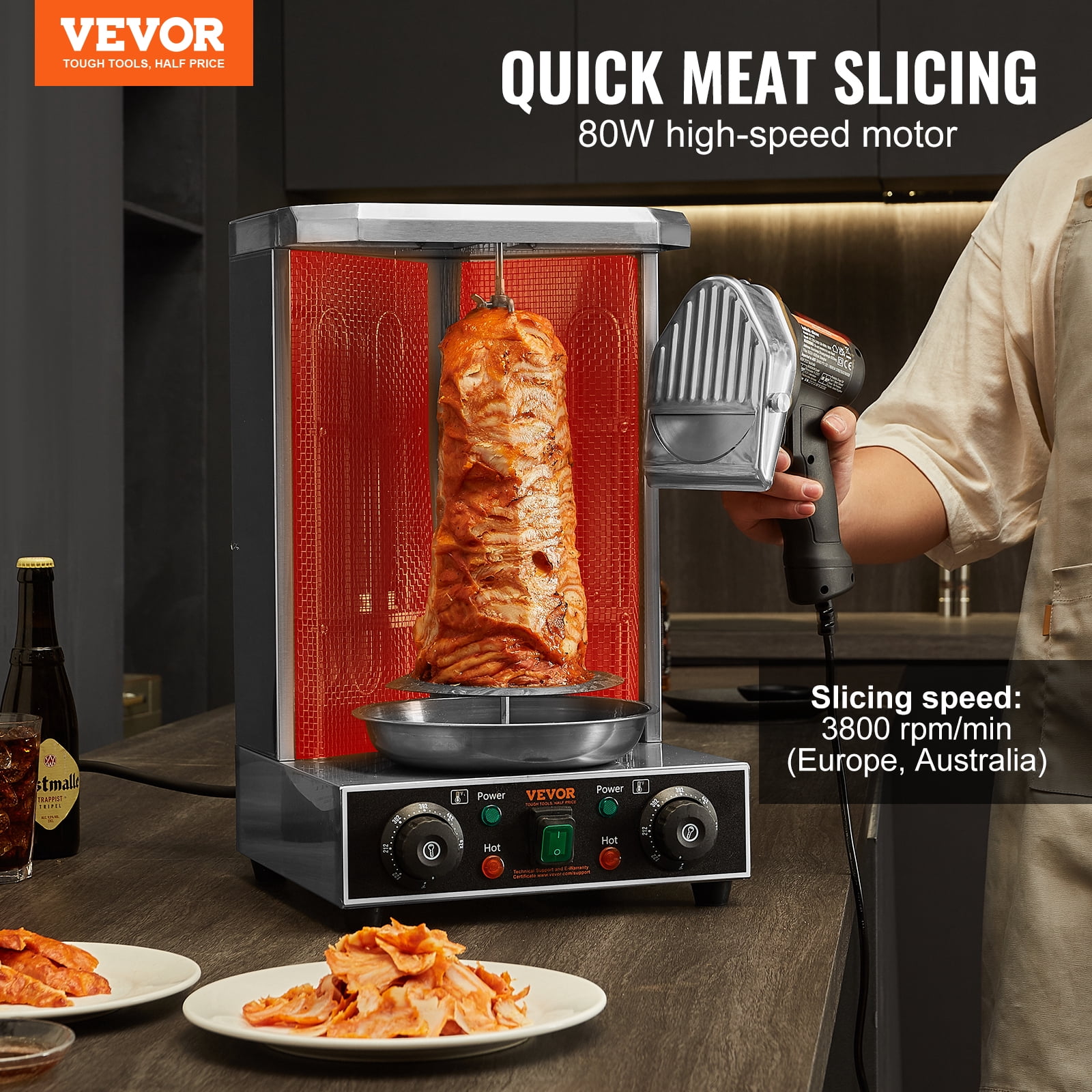 VEVOR Electric Shawarma Knife,80W Professional Turkish Kebab Knife, Commercial Stainless Steel Gyro Cutter,Doner Kebab Meat Slicer with 2 Blades,Φ4"/100mm Blade Diameter,0-8mm Adjustable Thickness