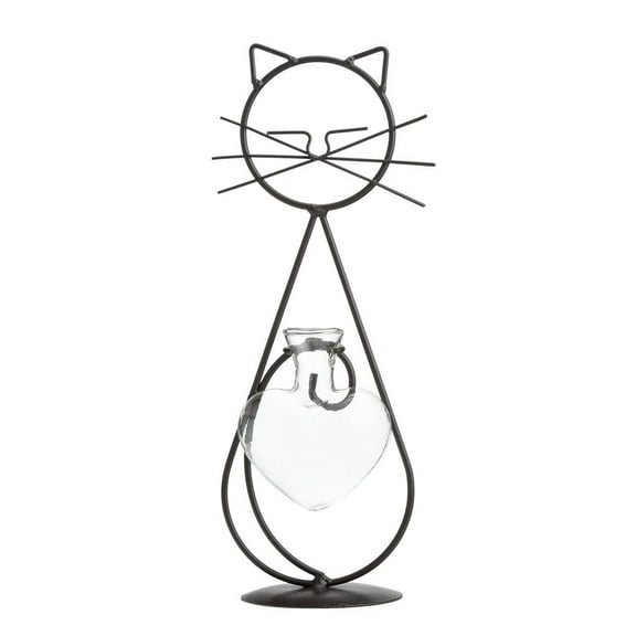 TJ Global Cat Glass with Heart Vase Planter, Plant Terrarium, Holder, Propagation Station, Metal Stand for Hydroponics Plants Home Garden Wedding Decoration Outdoor Planter Ideas Modern Creative