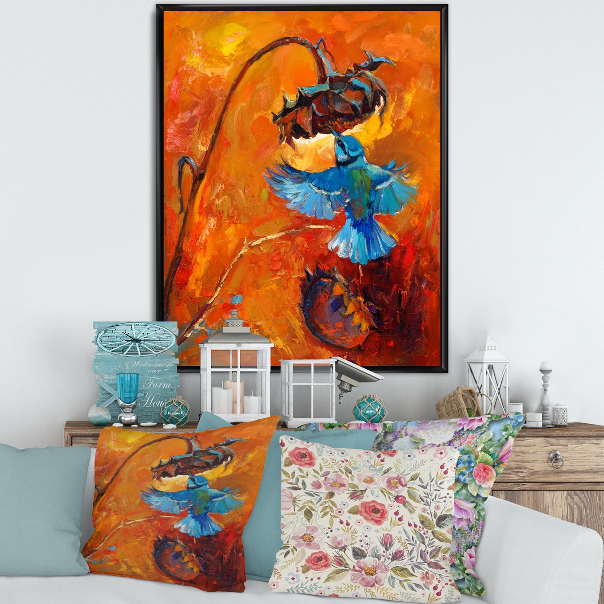 Designart 'Blue Hummingbird On Orange Sunflower' Traditional Framed Canvas Wall Art Print