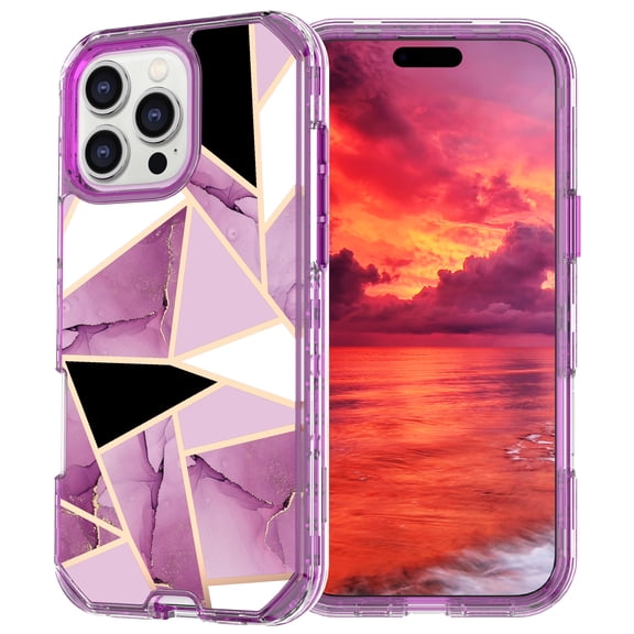 Allytechgroup for iPhone 16 Pro Max Case, 3 Layers Protection Slim Lightweight Shockproof Soft TPU & Hard Back Protective Bumper Cover Marble Shell, O