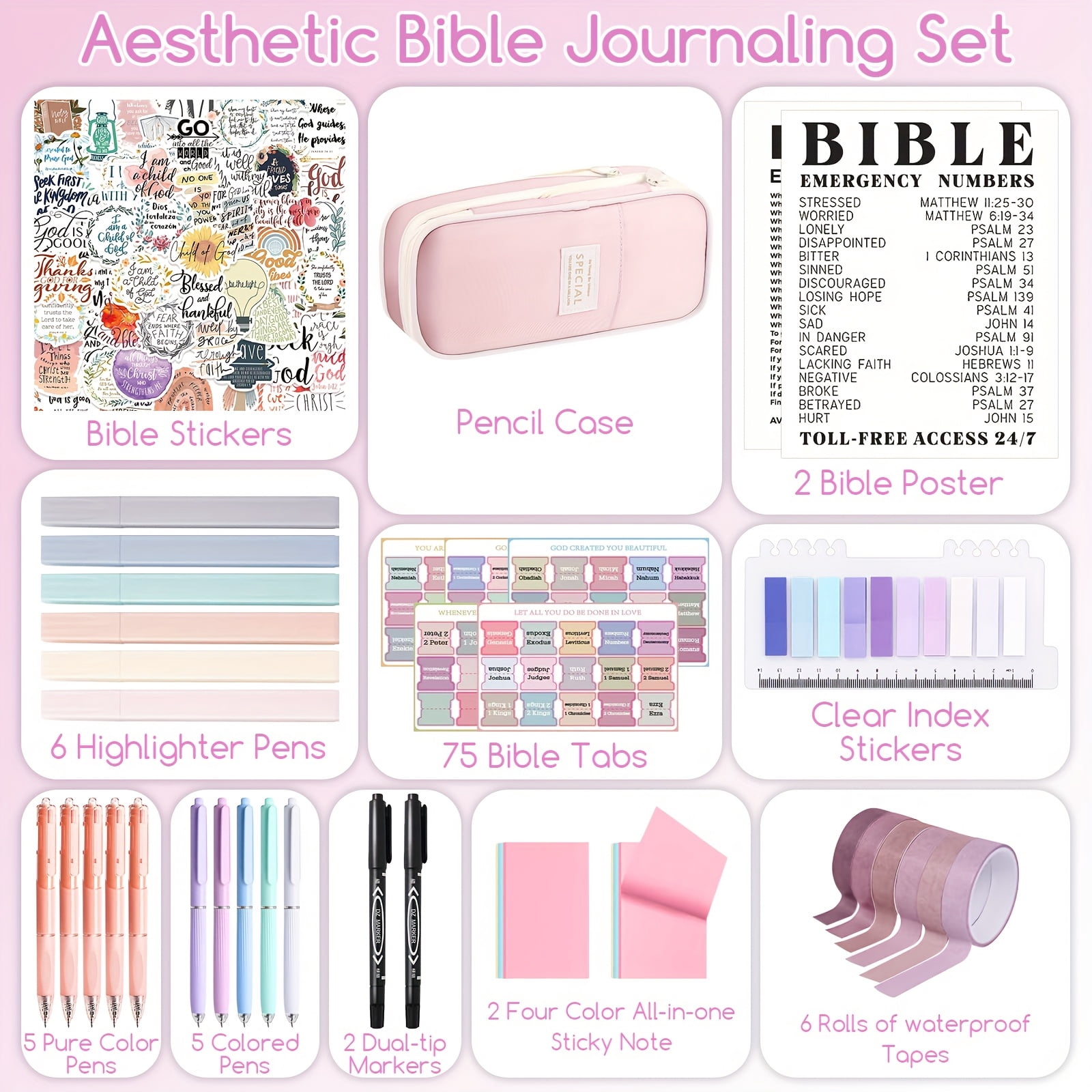 Bible Study Supplies Journaling Kit for Women, Bible Study Kit Includes Prayer Journal, Emergency Card, Highlighters, Tabs & More for Journaling. Great for Christian Gifts Scripture Study