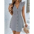thumbnail image 4 of Women'S Striped Summer Dresses V Neck Casual Mini Dress Flutter Sleeve Ruffle Button Sundresses Dark Blue S, 4 of 8