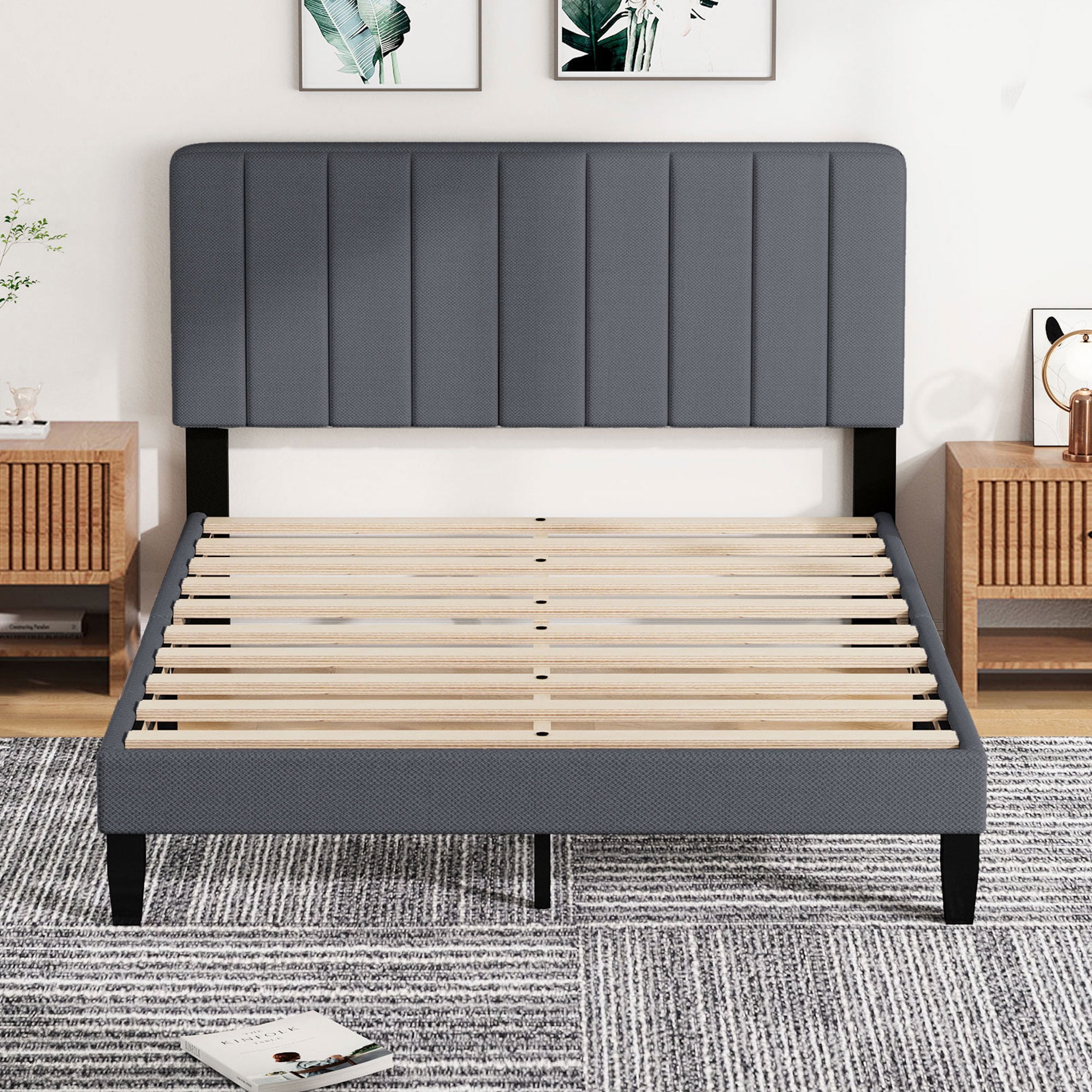 Pingliang Home Queen Size Bed Frame with Adjustable Upholstered Headboard&Wood Slats Support,Gray
