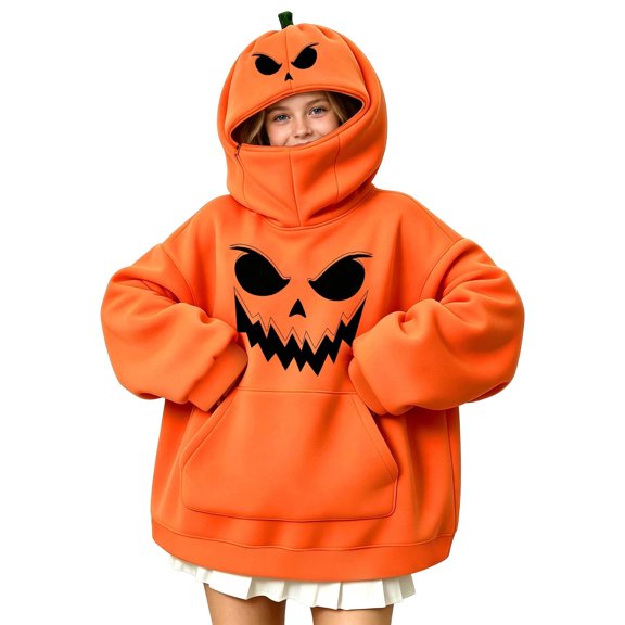 LOINRODI Girls Orange Pumpkin Hooded Sweatshirt Long Sleeve Cute Hallowmas Face Cover Warm Pocket Costume Orange 7 Years