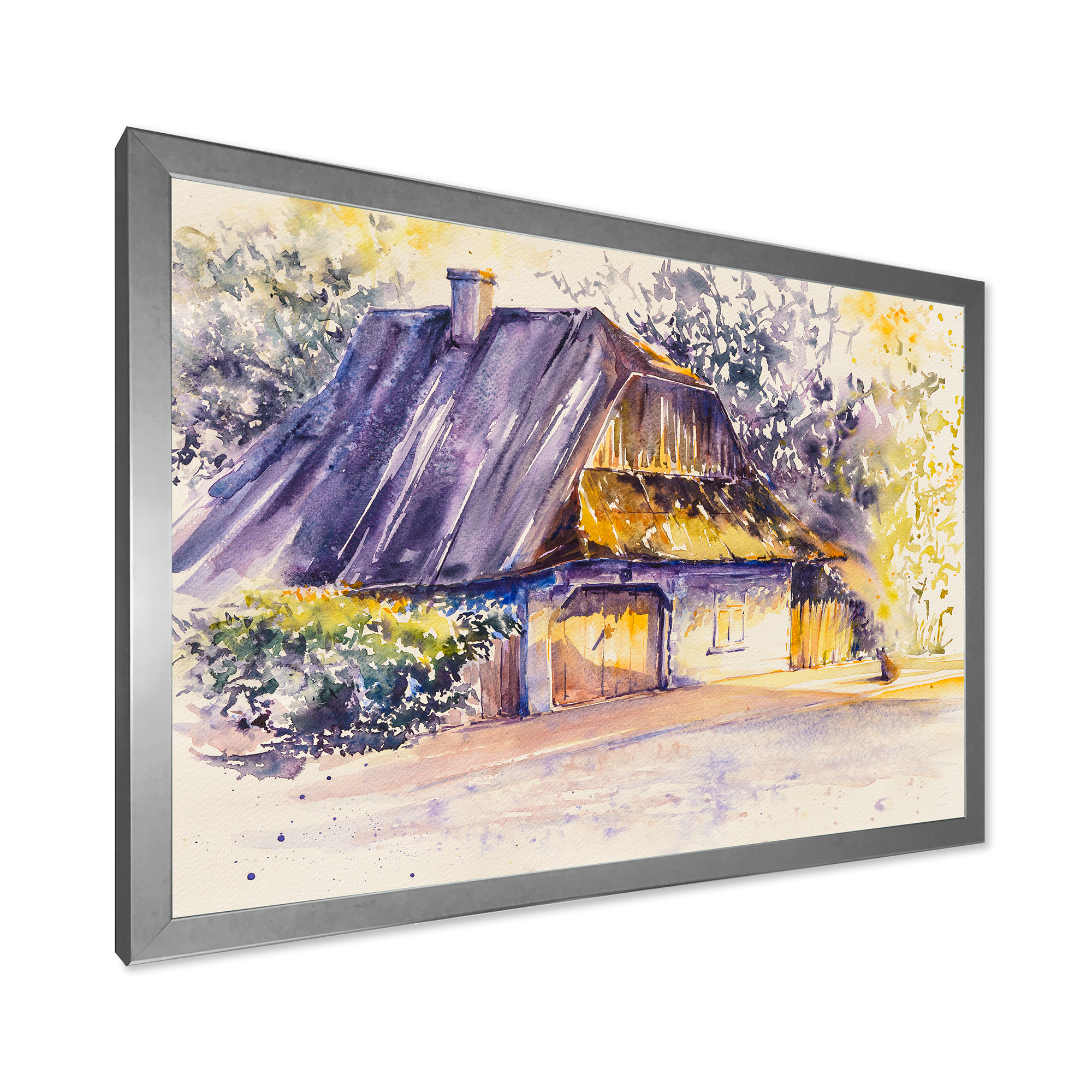 Old Wooden White House In Country Side Village During Afternoon Glow 32 in x 16 in Framed Painting Canvas Art Print, by Designart