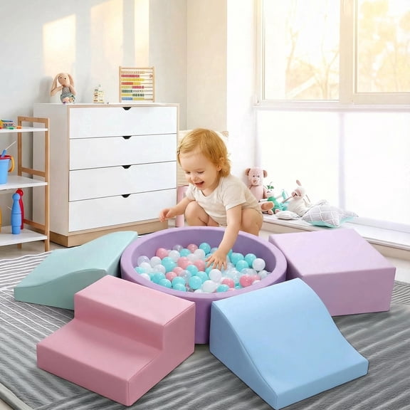 PigPigPen Soft Play Playground Climber for Toddlers, 4-Piece Foam Climbing Blocks with Ball Pit, PU Leather Indoor Crawling Toys for Kids, Purple