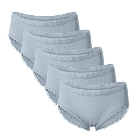 

Lingerie For Women Women s Thin Briefs In Solid Color With Lace Mid-Waist Underwear 5Pc Cotton Blue