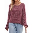 thumbnail image 3 of Womens Oversized Cable Knit Crew Neck Long Sleeve Fall Chunky Pullover Casual Loose Fit Sweater Tops Red L, 3 of 9