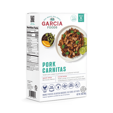 Garcia Foods Pork Carnitas, Fully Cooked GLP1-Friendly Refrigerated Entree, 14 oz Serves 4