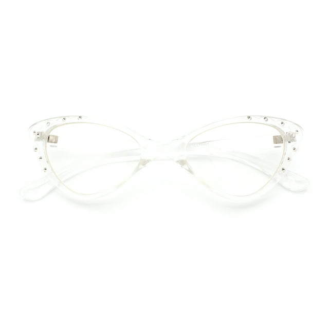 Lunettes de Mode pour Femmes Bling en Strass Gothique Oeil de Chat Lentille Transparente Plastique Transparent
