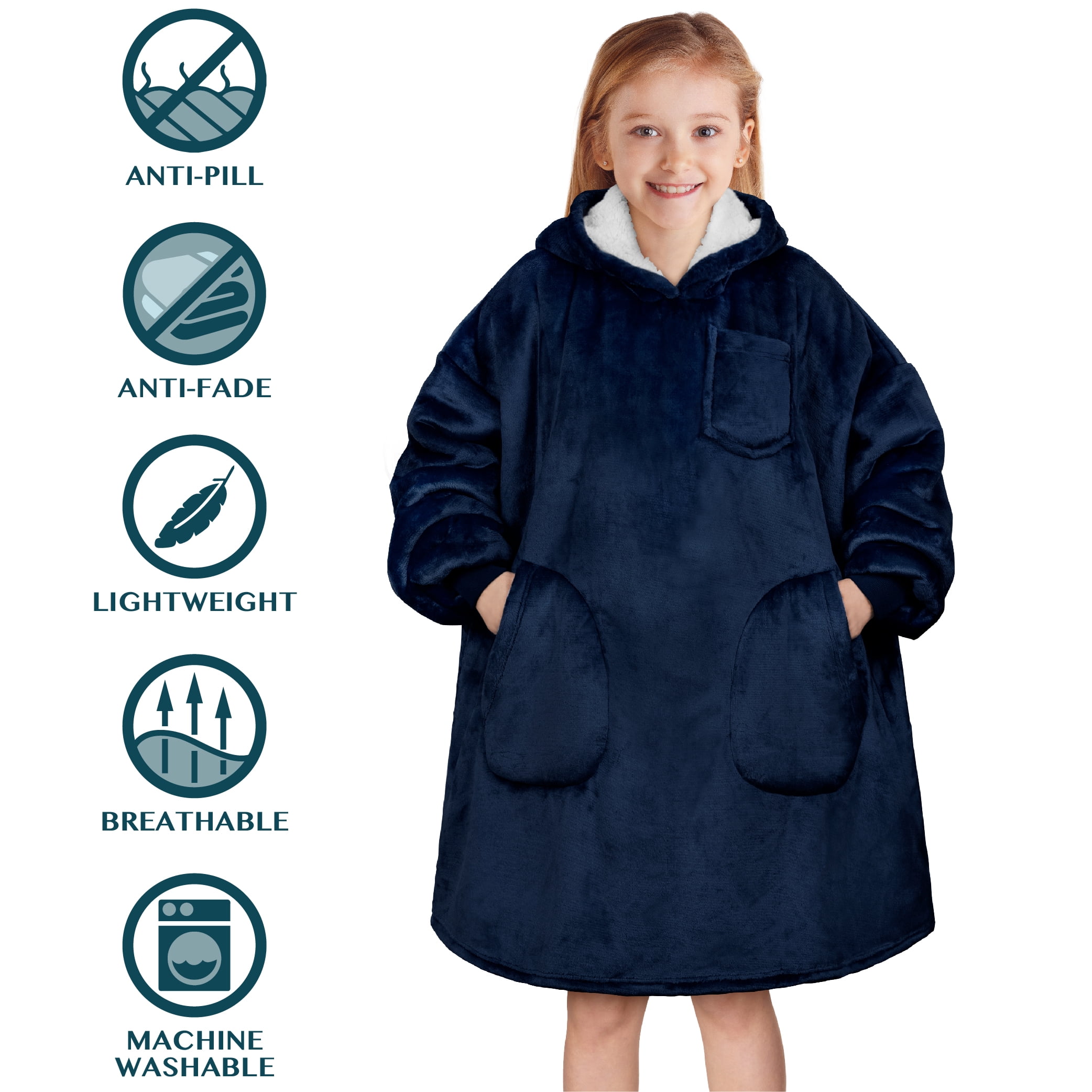 PAVILIA Wearable Blanket Sweatshirt for Kids Boy Girl, Warm Cozy Giant Hoodie with Two Pockets and Long Sleeves, Fleece Sherpa Oversized Hooded Blanket Pullover Gift for Teens Youths, Navy