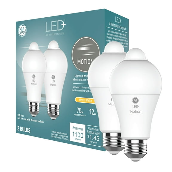 GE LED Motion LED Light Bulb, Warm White, 75 Watt, A21 Bulbs, Medium Base, 2pk