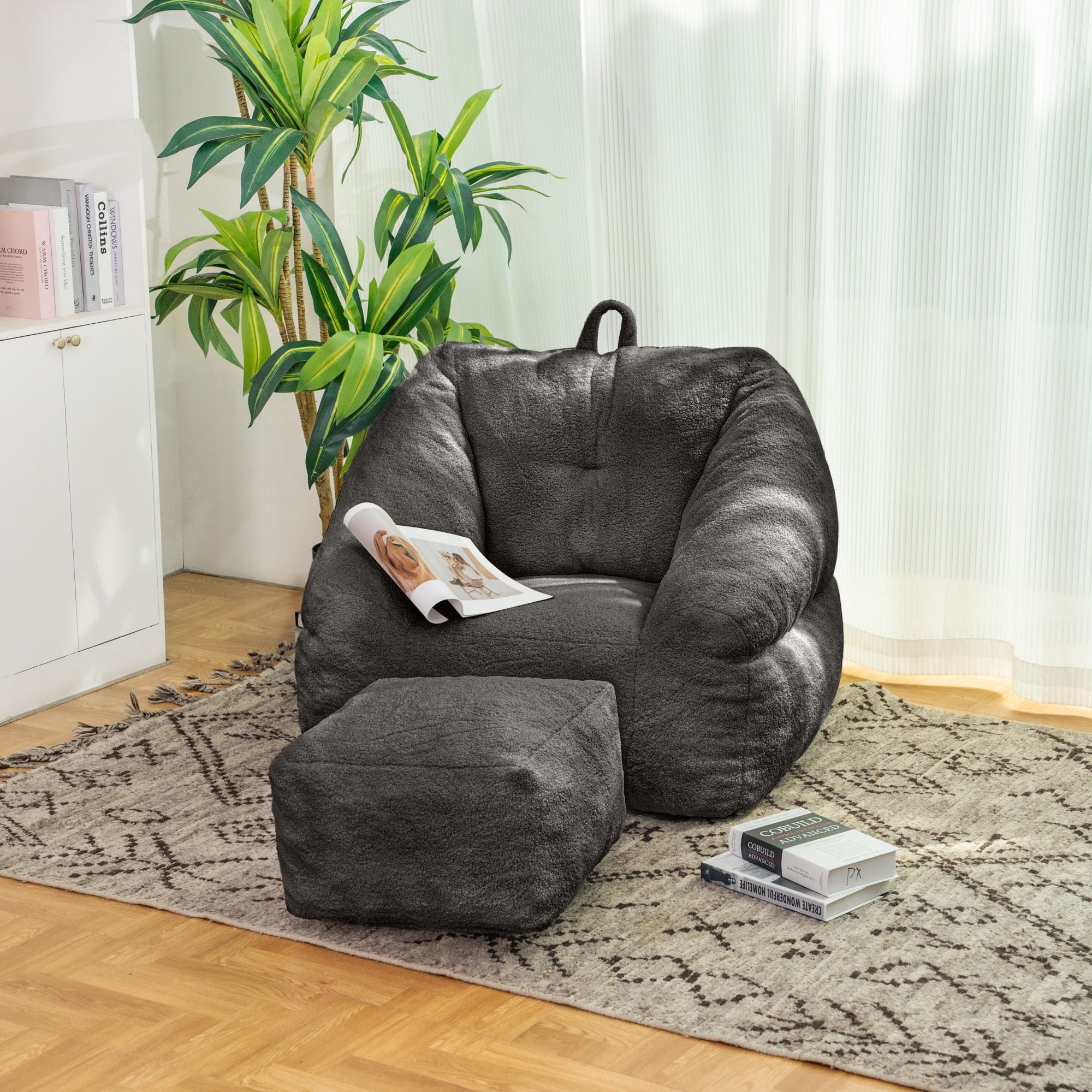 Bean Bag Chair for Adults,Upholstered Floor Sofa with Footstool,Large Lazy Sofa Plush Chair Bean Bag Couch for Bedroom Living Room,Black