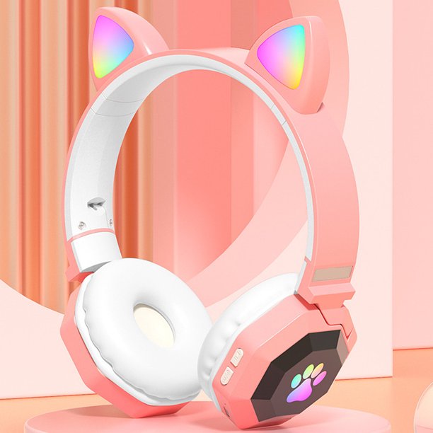 Auriculares con orejas de gato de dibujos animados, auriculares inalámbricos LED de 3,5mm, auriculares plegables V5.0 con micrófono, auriculares Bluetooth para ni?os y ni?as, regalo LingWen 8390612115721