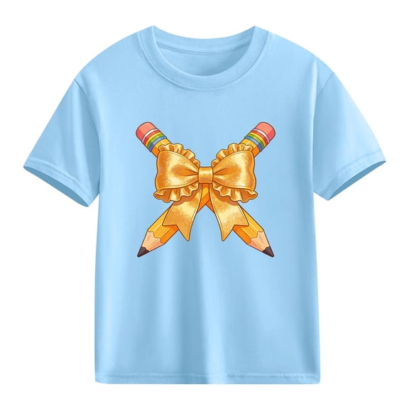 Girls Cute Pencil Graphic T-Shirt | Soft Cotton Short Sleeve Crewneck Tee for Kids | Casual Kids & Little Girl Top in Blue, Back to School,Size 9 T