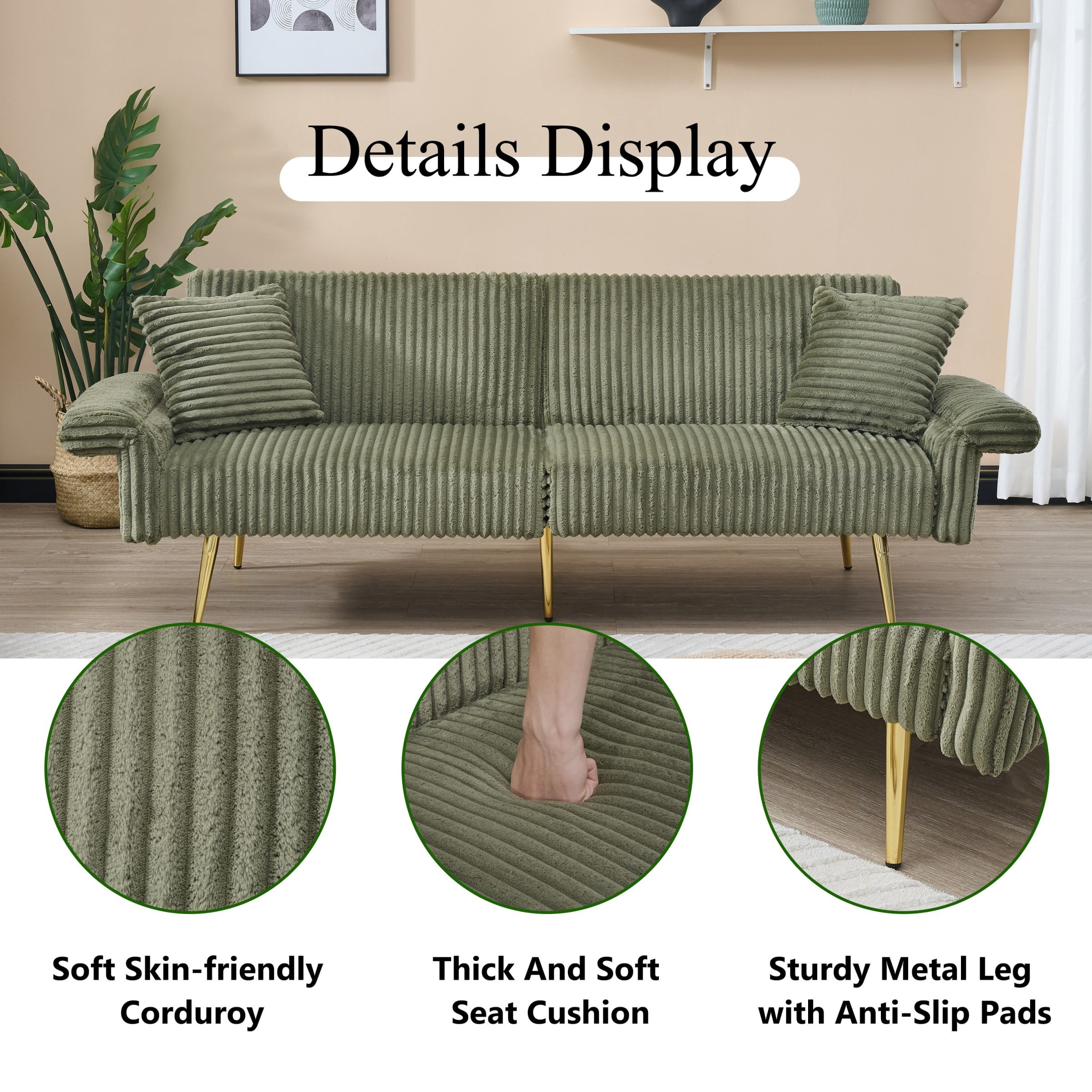 Jopath 79 inch Modern Convertible Sofa Bed,Corduroy Upholstered Futon Couch with Adjustable Armrests for Small Spaces,Living Room,Green02