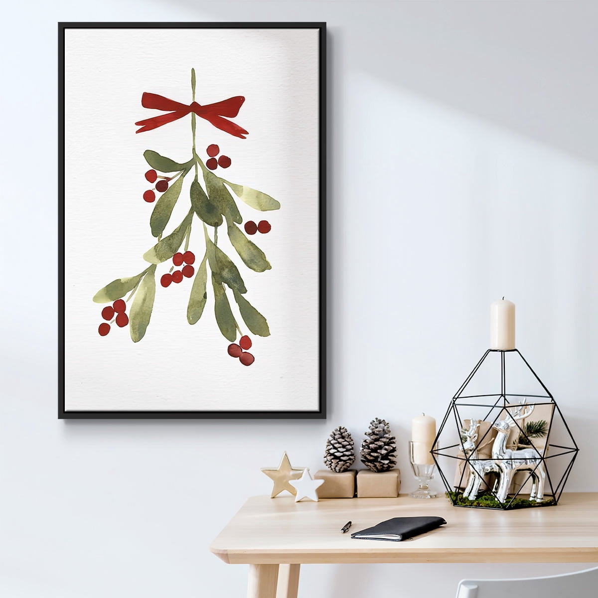 Mistletoe Bow I - Framed Gallery Wrapped Holiday Canvas - 27 x 41 - Black Frame