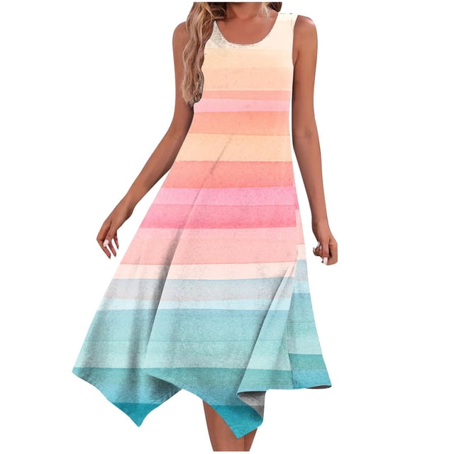 Penkiiy Robe pour Femmes Décontractée à Imprimé Floral Ourlet Asymétrique Boho Robe d'Été Col Rond Sans Manches Robes Maison Décontractée Midi S Rose