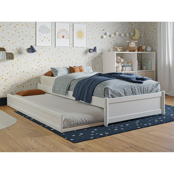 Barcelona Twin Solid Wood Panel Platform Bed with Twin Trundle in White