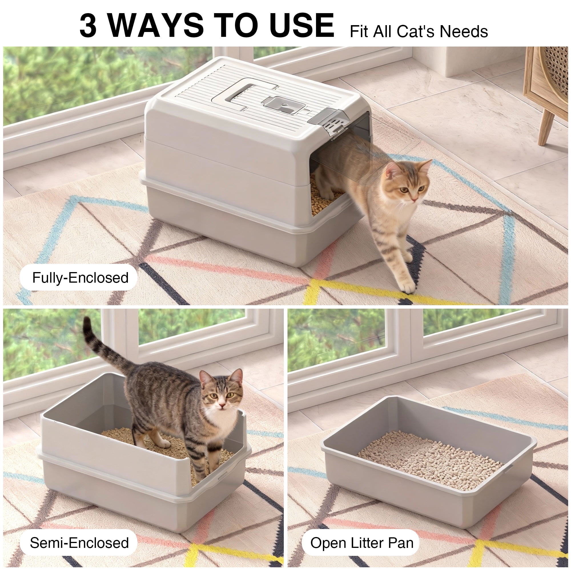 Cat Litter Box Enclosure Large Litter Box with Front Door Flap and Scoop Plastic Gray