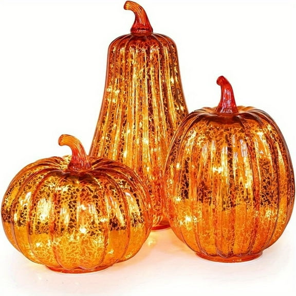 3PCS Mercury Pumpkin LED Lights with Timer - Lighted Pumpkin Figurine for Halloween Autumn Thanksgiving Decor, Plastic Illuminated Decor with Themed Ornament Design
