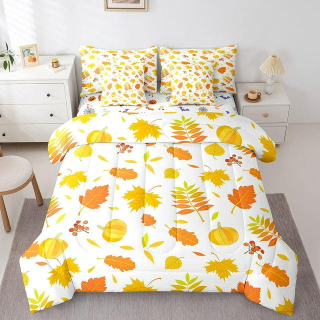 YST Ensemble de Literie d'Automne Tout-en-un avec Draps, Ensemble de Literie Citrouille d'Automne pour Enfants, Ados, Adultes, Ensemble de Couette Simple Feuille d'Érable Action de Grâce Récolte 7 Pcs, Ensemble de Draps Rustique de Style Ferme avec Couette