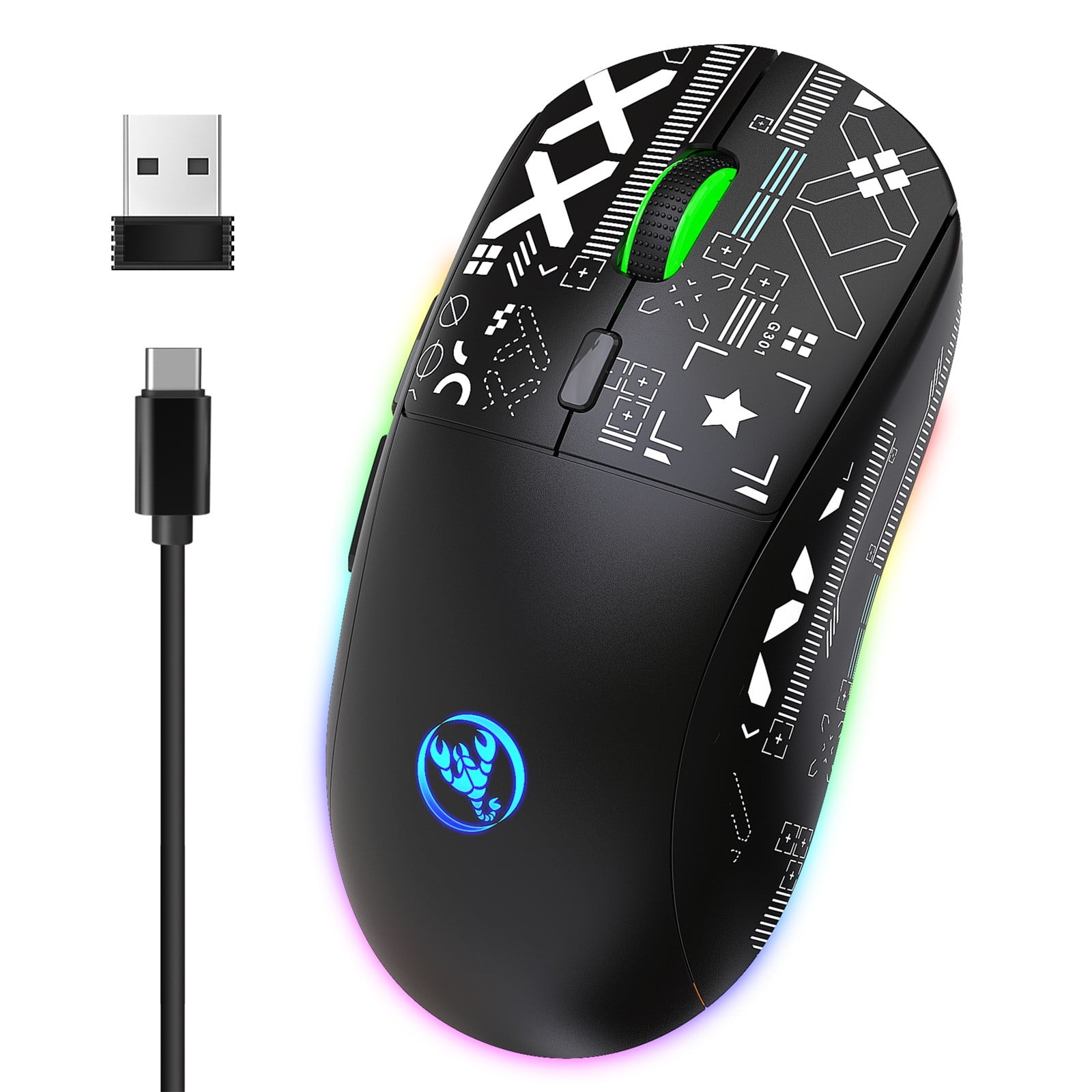 UHUYA Wireless Mouse 2.4GHz Bluetooth Wireless Mouse Gaming Mouse 3 Mode RGB Backlight Wireless Optical USB Gaming Mouse 3600DPI Rechargeable Mute Mice Black