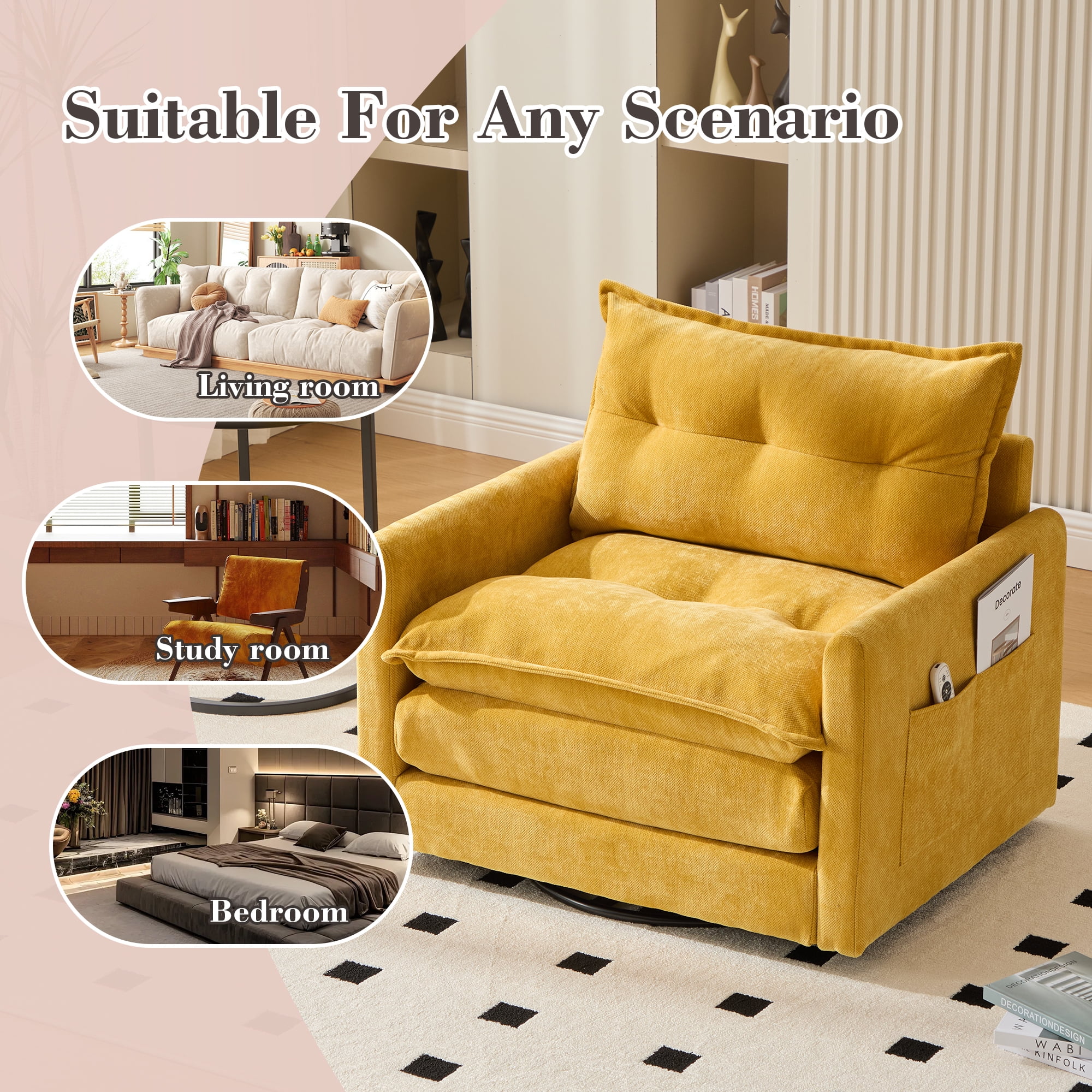 MOOBMISS 360°Swivel Accent Chair, Chenille Upholstered Armchair with Side Pockets & Cushion, Modern Accent Chair with Metal Base for Living Room Bedroom,Mustard Yellow
