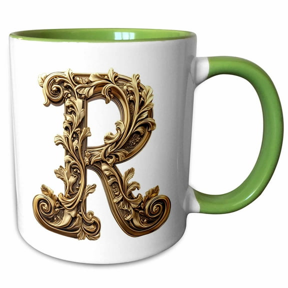 3drose, Elegant Image of Gold Victorian Ornate Monogram Initial R, 11oz Two-tone Green Mug