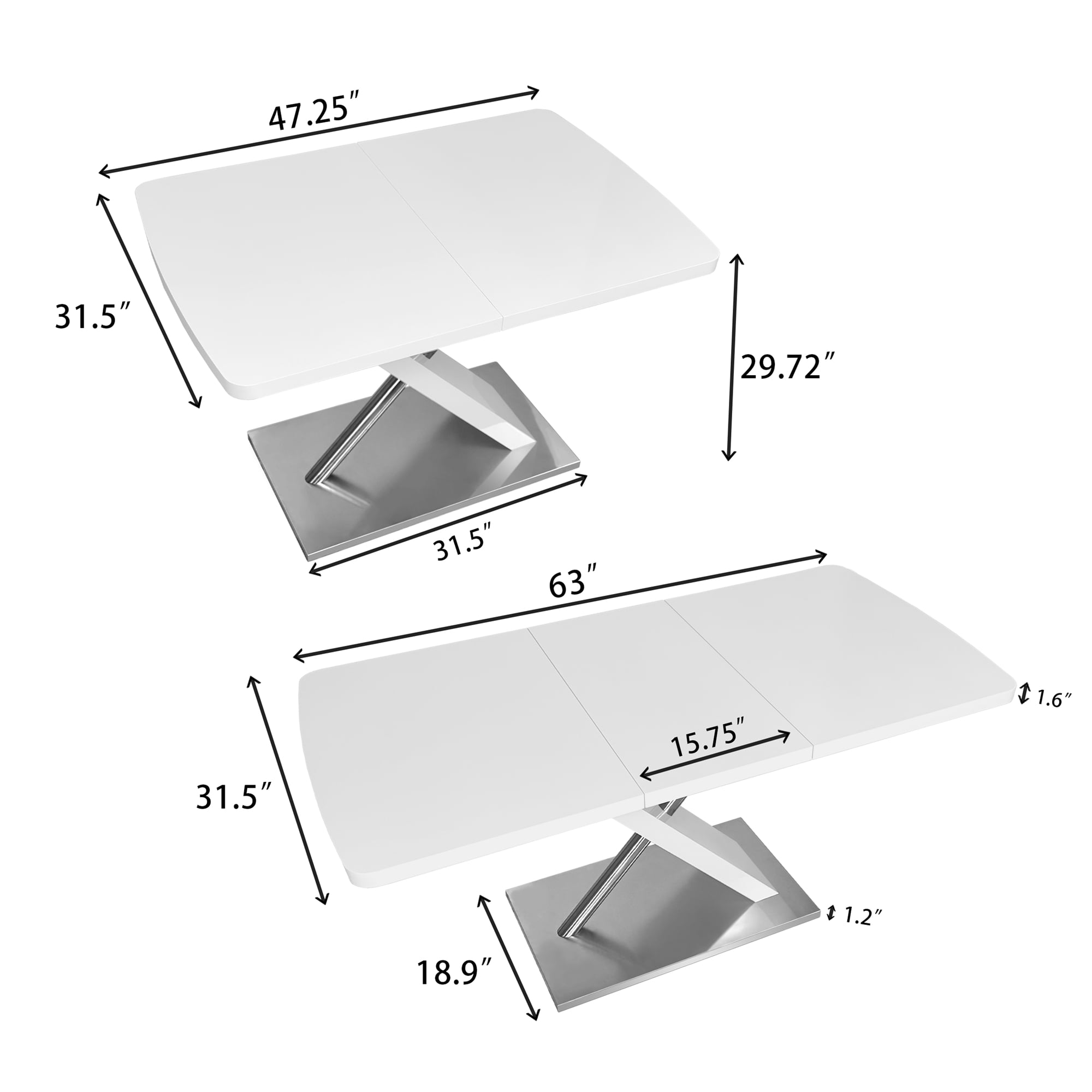Glossy Dining Table for 4-6 People, 47.25"-63" Extendable Dining Table with Crossed Metal Base and Stainless Steel Tubes, Large Dining Table for Kitchen, (White)