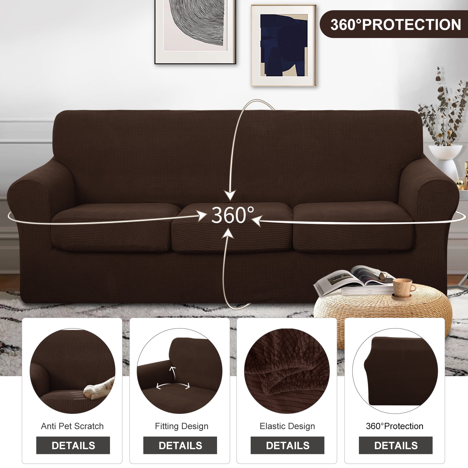 U-NICE HOME 4-Piece Stretch Sofa Cover for 3-Cushion Couch  Pet-Friendly, Chocolate