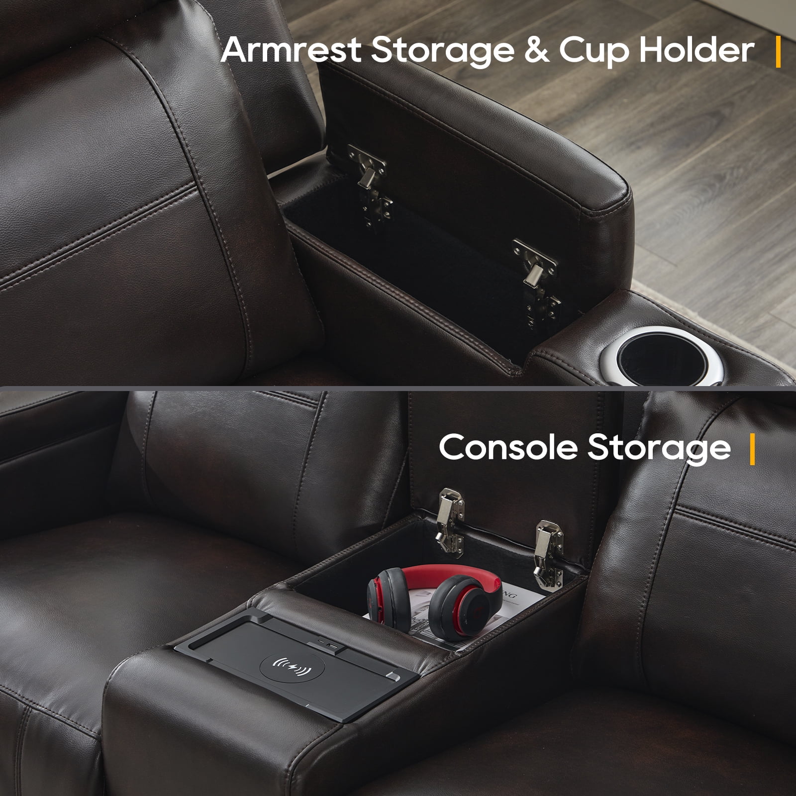 Power Loveseat Recliner Sofa, Home Theater Seating with Adjustable Headrest, Blue LED Lighting, Reclining Loveseat, Storage, Cup Holder, USB, Wireless Charging