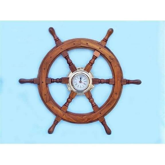 Handcrafted Model Ships  Deluxe Class Wood And Brass Ship Wheel Clock 24 in. Ship Wheels Decorative Accent